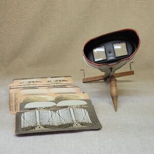 Antique Perfecscope Wood Aluminum Stereoscope Adjustable + 30 Cards